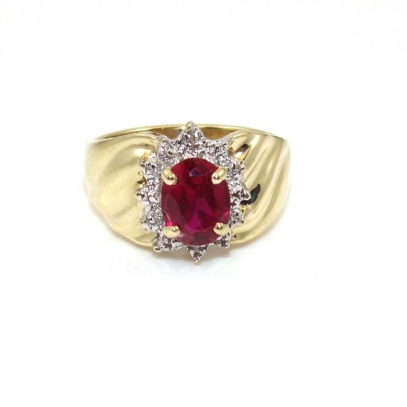10K Yellow Gold Pink Ruby Diamond Halo Ring Size 7.25 - Picture 1 of 6